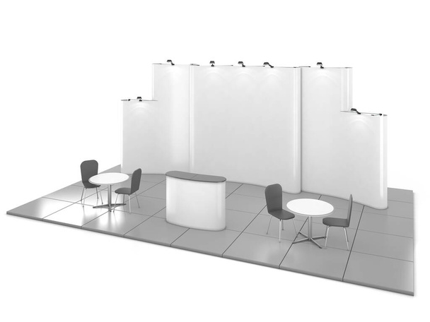 Design de stand de exposição criativa em branco com formas de cores. Modelo de cabine 02. Renderização 3D - Foto, Imagem