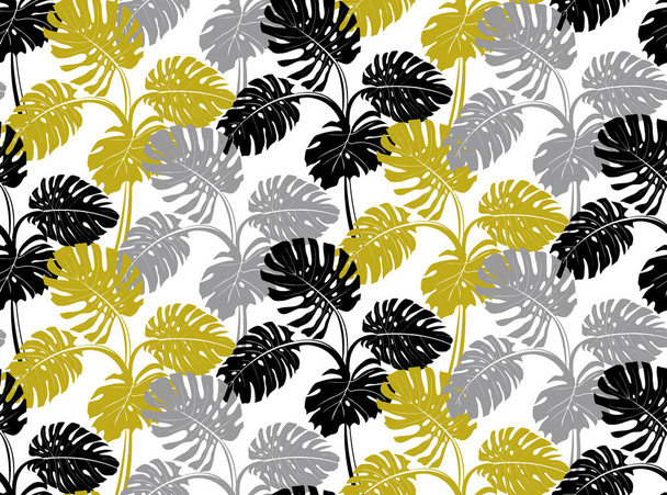 modern seamless pattern with gray black and gold monstera bushes - Wektor, obraz