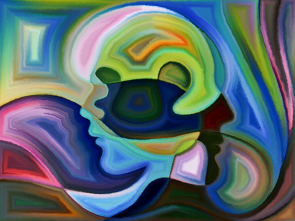 Kleurrijk beschilderd ontwerp van menselijke hoofden die doen denken aan glas in lood patroon. - Foto, afbeelding