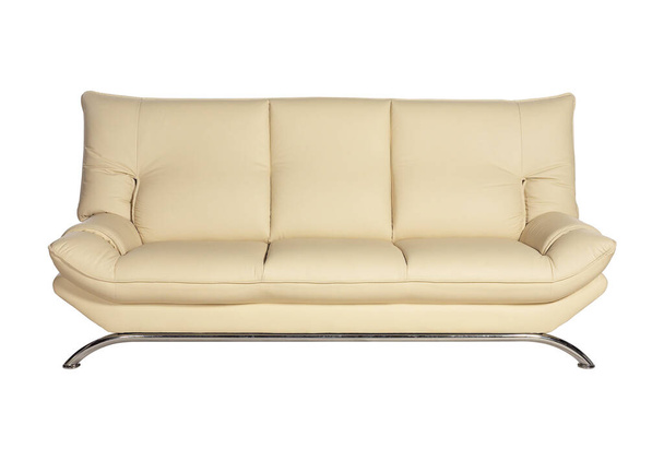 Stylish beige leather sofa isolated on white background - Photo, Image