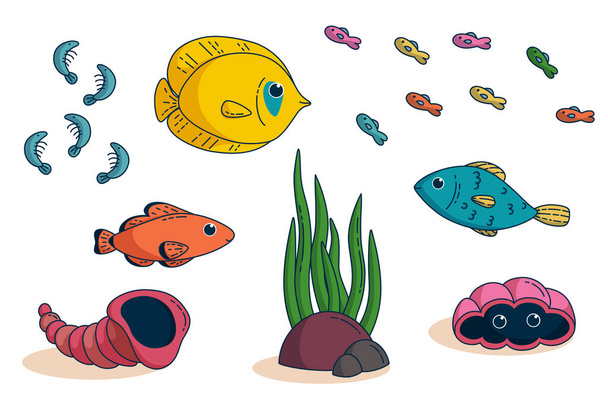 Set of tropical fishes. Elemets for kids clothes and items design. Vector illustration in cute cartoon style - ベクター画像