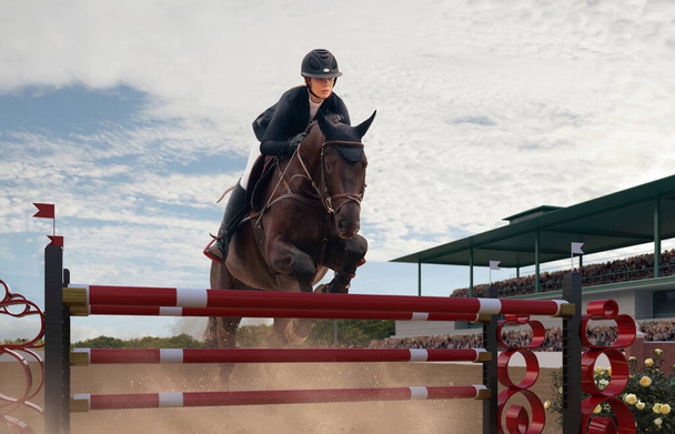 Pferdesport. Junges Mädchen reitet bei Meisterschaft auf Pferd. - Foto, Bild