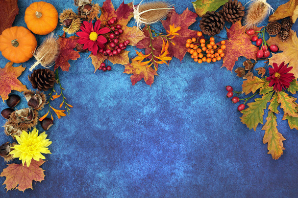 Outono colheita festival fundo fronteira com comida, flora e fauna em fundo grunge azul manchado. Vista superior
.   - Foto, Imagem