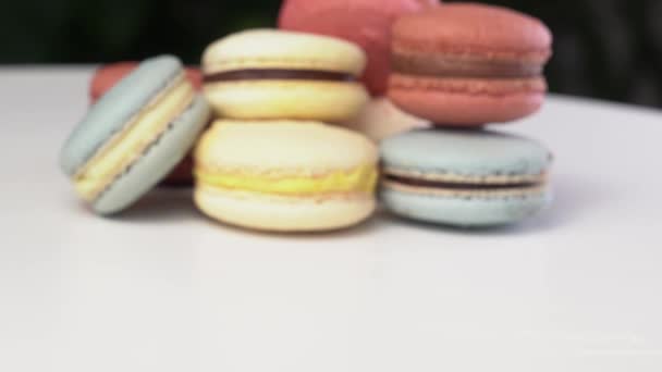 several times in row blue macaron rolling on a white table. - Video