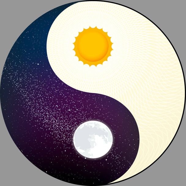 Yin yang cosmologique avec soleil et lune. Nuit et jour. - Vecteur, image