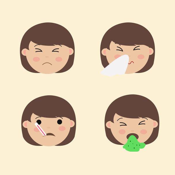 Set schattig meisje emoticon ziek expressie vector - Vector, afbeelding