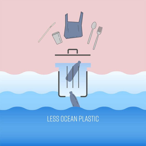 Kunststofafval voor eenmalig gebruik dat in een vuilnisbak wordt gegooid en in de oceaan belandt. Minder oceaan plastic concept. Vectorillustratie. - Vector, afbeelding