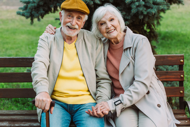 Grey haired couple holding hands and smiling at camera on bench in park  - Foto, Bild