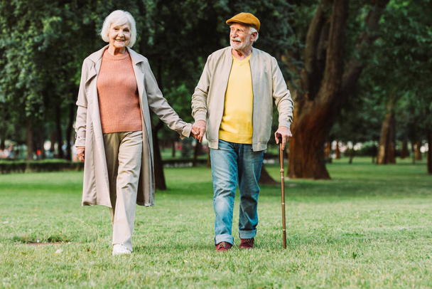 Positive senior couple holding hands while walking in park  - Photo, Image