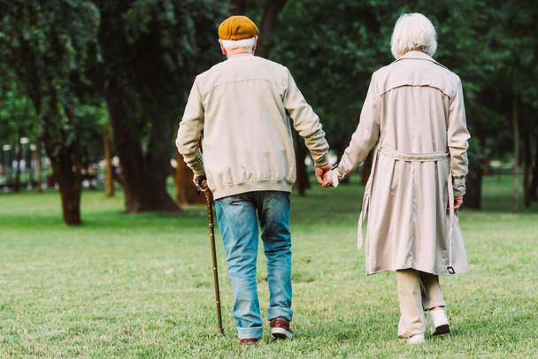 Back view of elderly couple walking on grassy meadow in park  - Foto, afbeelding