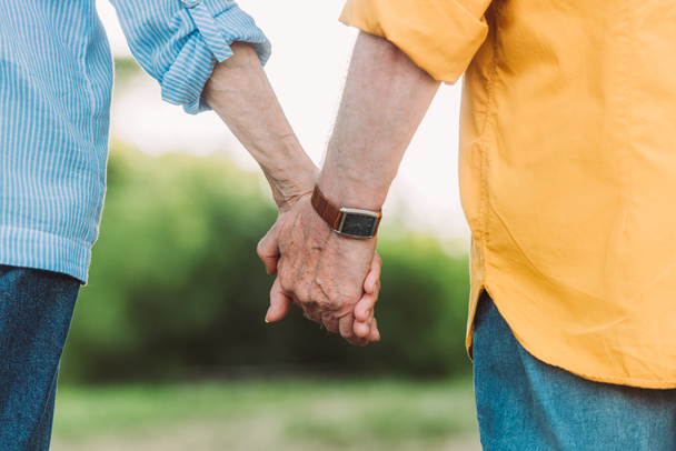 Cropped view of elderly couple holding hands outdoors - Photo, Image