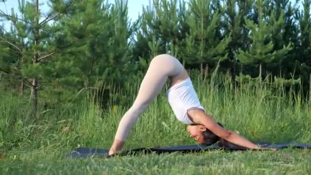 Žena dělá strečink na gymnastický koberec v slunečný den - Záběry, video