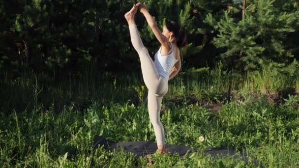 Mujer joven realiza yoga asana de pie sobre una pierna al aire libre
 - Imágenes, Vídeo