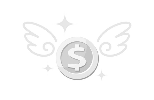 money silver coin and wing, icon penny and wings fly concept, symbol dollar money coin fly up, loss financial, money fly symbol with loss tax or debt concept - Vector, Image