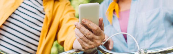 Πανοραμική καλλιέργεια των ηλικιωμένων που κατέχουν smartphone δίπλα από τη γυναίκα και τα ποδήλατα στο πάρκο  - Φωτογραφία, εικόνα