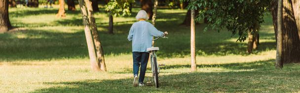 Vue panoramique de la femme âgée marchant près du vélo dans le parc  - Photo, image