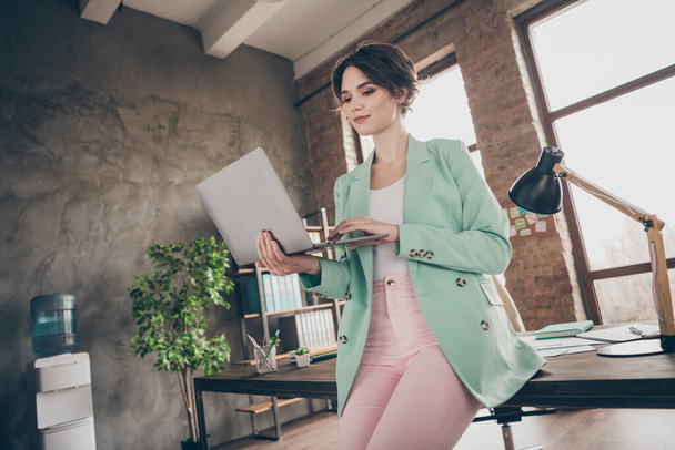 Profile photo of beautiful business lady hold notebook chatting colleagues corporate report insurance agent home remote work wear blazer pants lean table modern interior office indoors - Foto, imagen