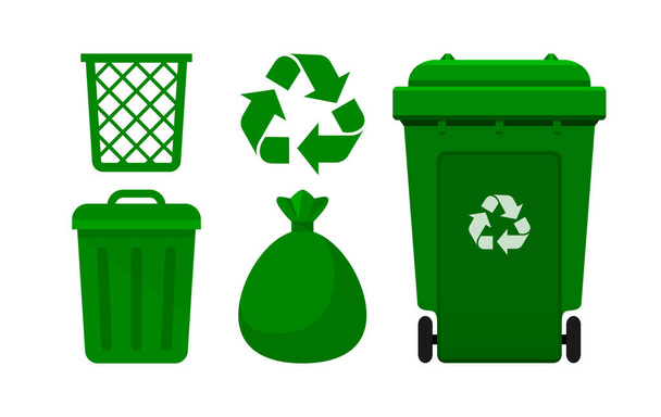 Grüner Mülleimer, Papierkorb und grüne Plastiktüten Abfall isoliert auf weiß, grüne Tonnen mit Recycling-Abfallsymbol, Frontansicht Set der Gelben Tonnen und Plastiktüten für Abfälle, 3r Müll - Vektor, Bild