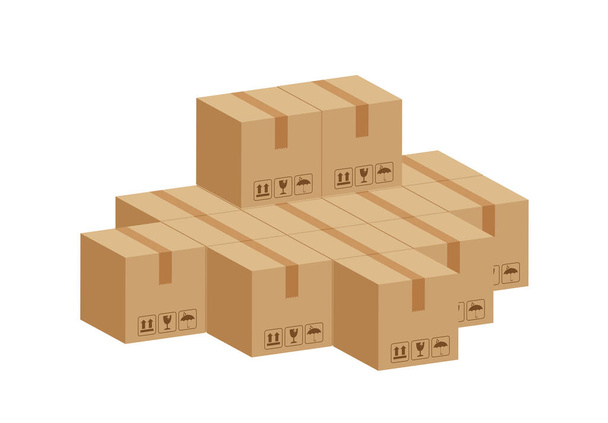 山箱3Dキューブ、工場倉庫保管用段ボール箱、倉庫工場の段ボール箱スタック、包装貨物、箱茶色の白い背景に隔離された - ベクター画像