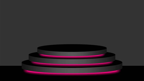 kruh podstavec 3d černé a růžové světlo neonové lampy zářící, kosmetika displej moderní a vedl světlo, pódium jeviště show pro umístění dekorace růžové zářivky světlo, podstavec box pro místo výrobku - Vektor, obrázek