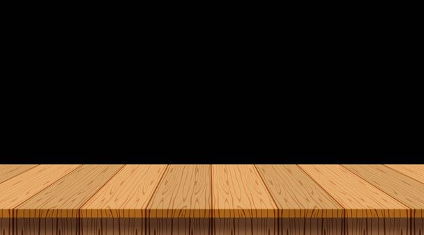 houten plank leeg vooraanzicht voor achtergrond en kopieerruimte, blanco tafelblad houten bruin voor decoratie display, vintage houten plank voor banner design, houten tafel op zwarte muur, tafel houten plank voorkant - Vector, afbeelding