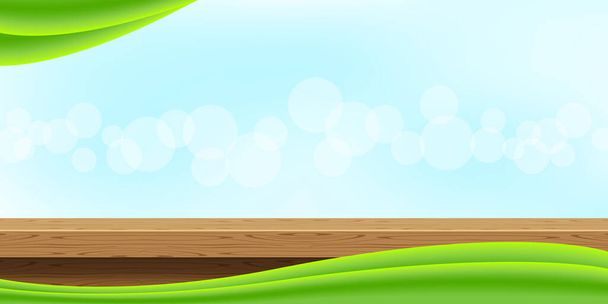 Holztischfrontansicht und grüne Grafik auf Bokeh-Soft-Blau, leere Tischplatte aus Holz für den Dekorationsraum, Holzplanke für den Hintergrund, Holztafel an grauer Wand, Tischmontage für Copy-Space-Anzeige - Vektor, Bild