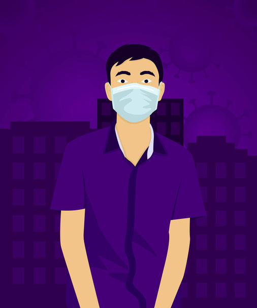 Młody Azjata w Coronavirus 2019-nCoV. Wuhan Koronawirus 2020. Młody człowiek nosi ochronną maskę medyczną, aby zapobiec wirusowi Corona - Wektor, obraz
