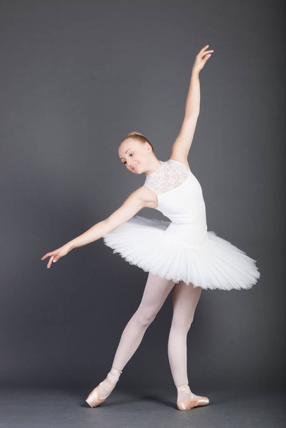 Young female ballet dancer dancing over grey background - Photo, image