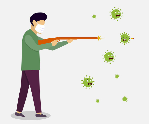 Illustration eines Menschen, der das Coronavirus durch Erschießen ausrottet. derjenige, der covid-19 erschossen hat. Vektorillustration - Vektor, Bild