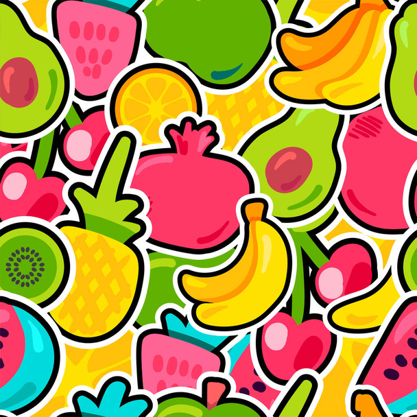 Fresh Berries Summer Fruits Mix Seamless Pattern. Bright Painted Pineapple, Orange Backdrop. Funny Cherries Kiwi and Avocado with Black Outline. Kid Print. Cartoon Flat Vector Illustration - Vector, Image