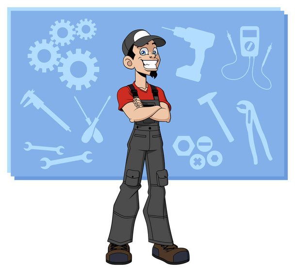 Illustrazione del tecnico generico dei cartoni animati sullo sfondo con strumenti di lavoro. - Vettoriali, immagini