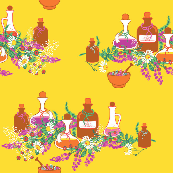 Бесшовный векторный рисунок с травяными бутылками и растениями на желтом фоне. Ароматерапия дизайн обоев с лавандой и ромашкой. Медицинский текстиль. - Вектор,изображение