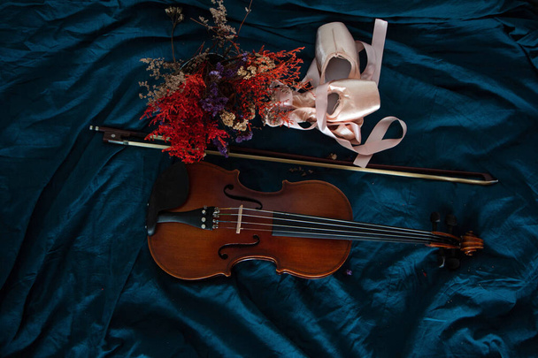 Vista superior de los zapatos de violín y ballet puestos junto a flor seca, sobre fondo de superficie grunge - Foto, imagen