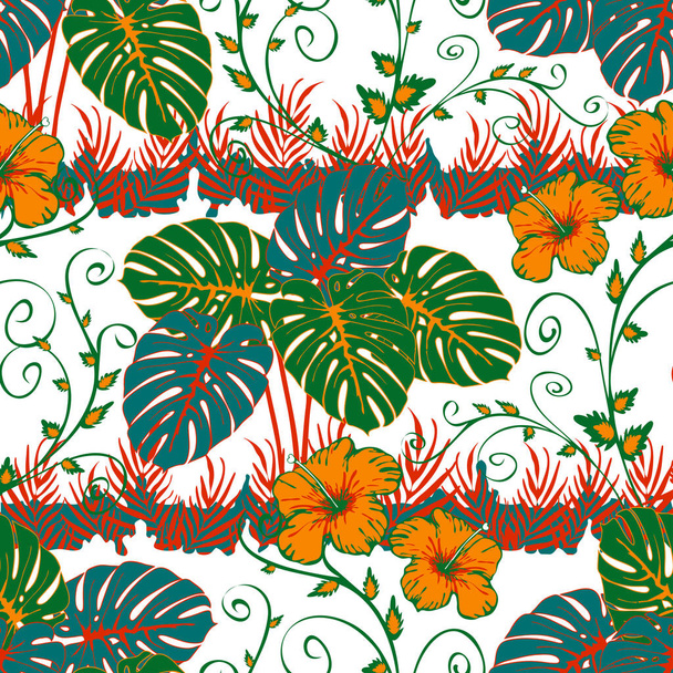 Seamless vector pattern wit abstract tropical plants on white background. Jungle rain forest wallpaper design. Artistic landscape fashion textile. - Vektor, Bild