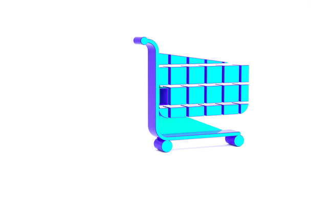 Turkusowa ikona koszyka na białym tle. Koncepcja zakupów online. Znak dostawy. Symbol koszyka w supermarkecie. Koncepcja minimalizmu. Ilustracja 3D 3D renderowania - Zdjęcie, obraz