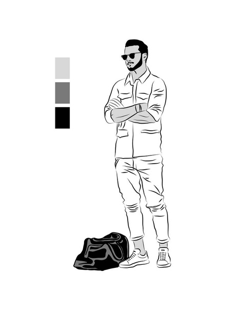 Векторная иллюстрация ходячего человека. Эскиз молодого человека. Фигуры мужчин в темном пиджаке и очках. - Фото, изображение