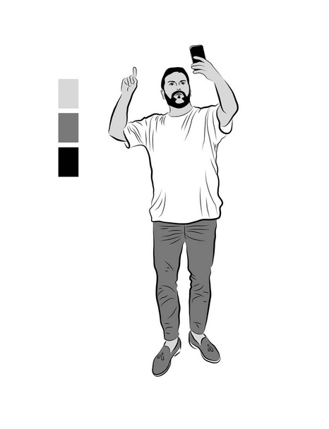 Vector illustration of a man.A sketch of the standing figure of a man.A sketch of the standing figure of a man. A man with his hands up and a telephone. - Photo, Image