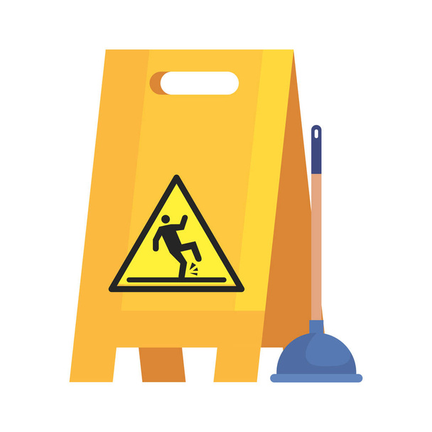 caution sign wet floor with toilet plunger, on white background - Vector, Image