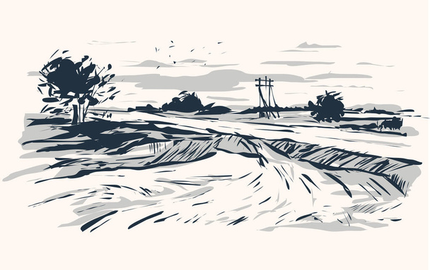 Maaseudun maisema Graafinen yksivärinen mustepiirros. Vektoriesimerkki - Vektori, kuva