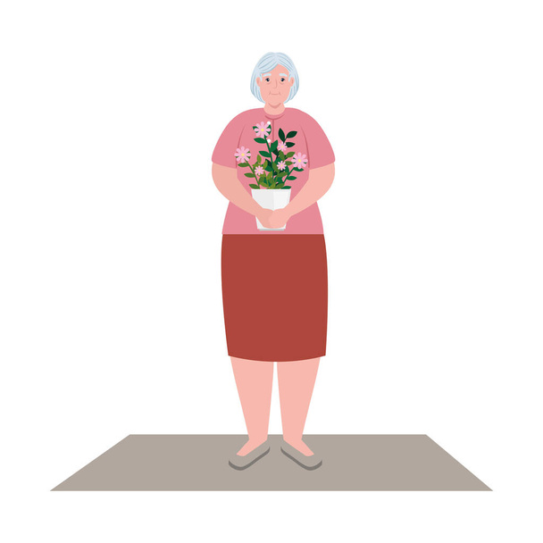 mulher velha bonito com planta do potenciômetro, avó com planta do potenciômetro no fundo branco
 - Vetor, Imagem