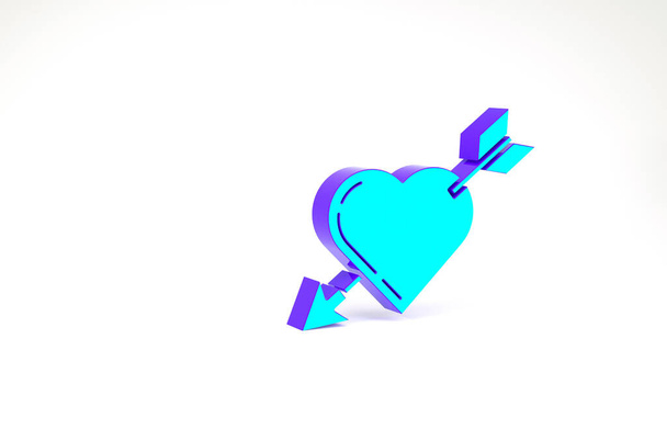 Símbolo de amor turquesa con corazón e icono de flecha aislado sobre fondo blanco. Señal de amor. El símbolo de San Valentín. Concepto minimalista. 3D ilustración 3D render - Foto, imagen