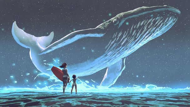 madre e figlia guardando la balena con luce blu che vola nel cielo notturno, stile arte digitale, pittura illustrativa - Foto, immagini