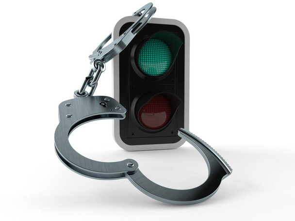 Зелене світлофора з наручниками ізольовано на білому тлі. 3d ілюстрація
 - Фото, зображення