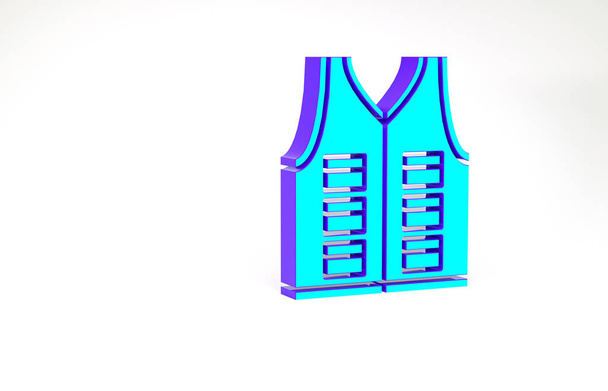 Turquoise Fishing jacket icon isolated on white background. Fishing vest. Minimalism concept. 3d illustration 3D render - Photo, Image