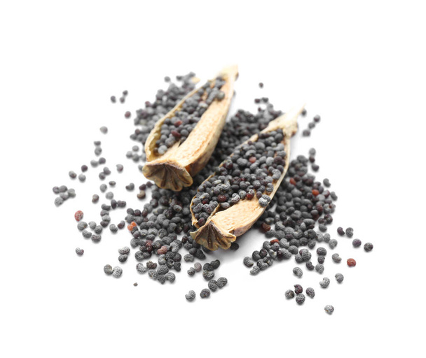 Dried poppyheads and seeds on white background - Zdjęcie, obraz