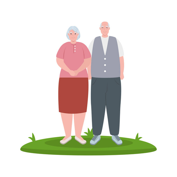 пожилая пара улыбается на открытом воздухе, на белом фоне - Вектор,изображение