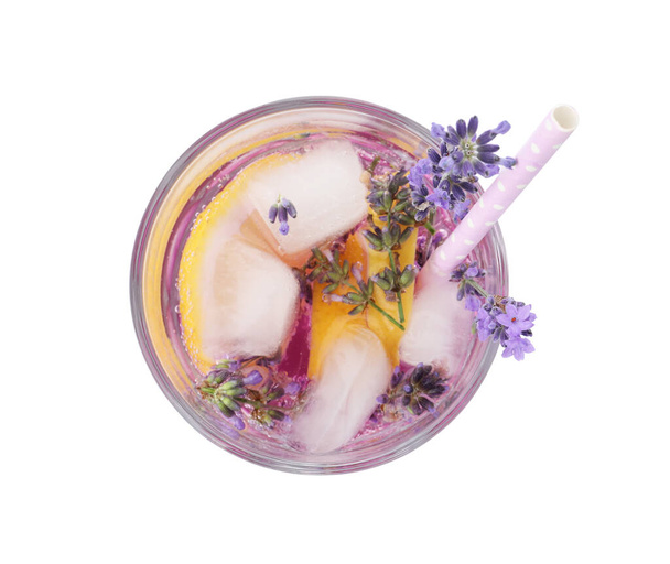Fresh delicious lemonade with lavender and straw isolated on white, top view - Fotografie, Obrázek