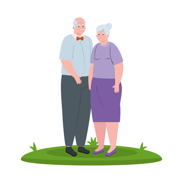 casal de idosos sorrindo ao ar livre, no fundo branco
 - Vetor, Imagem