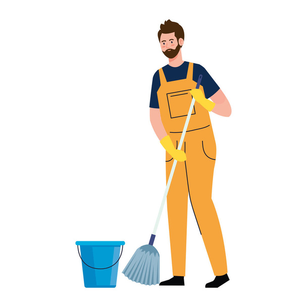 man worker of cleaning service with mop, on white background - Vektör, Görsel