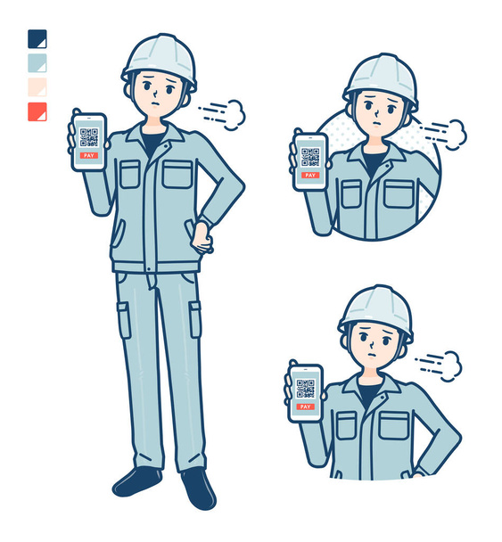 A Man wearing workwear with cashless payment on smartphone Troubled images - Vector, Image